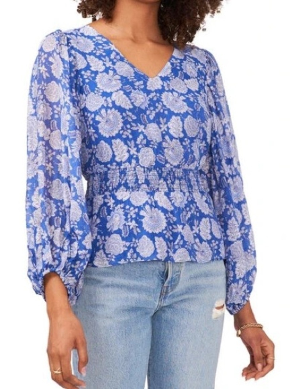 Vince Camuto Royal Blue Floral V-Neck Smocked-Peplum Blouse Size XL